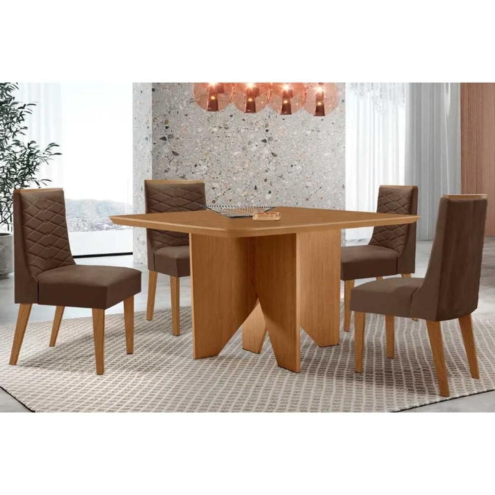Sala de Jantar Completa Nevada c/ Tampo Madeirado Canto Curvo 90x90cm e 4 Cadeiras Maldivas Naturale - Suede Marrom - Rufato