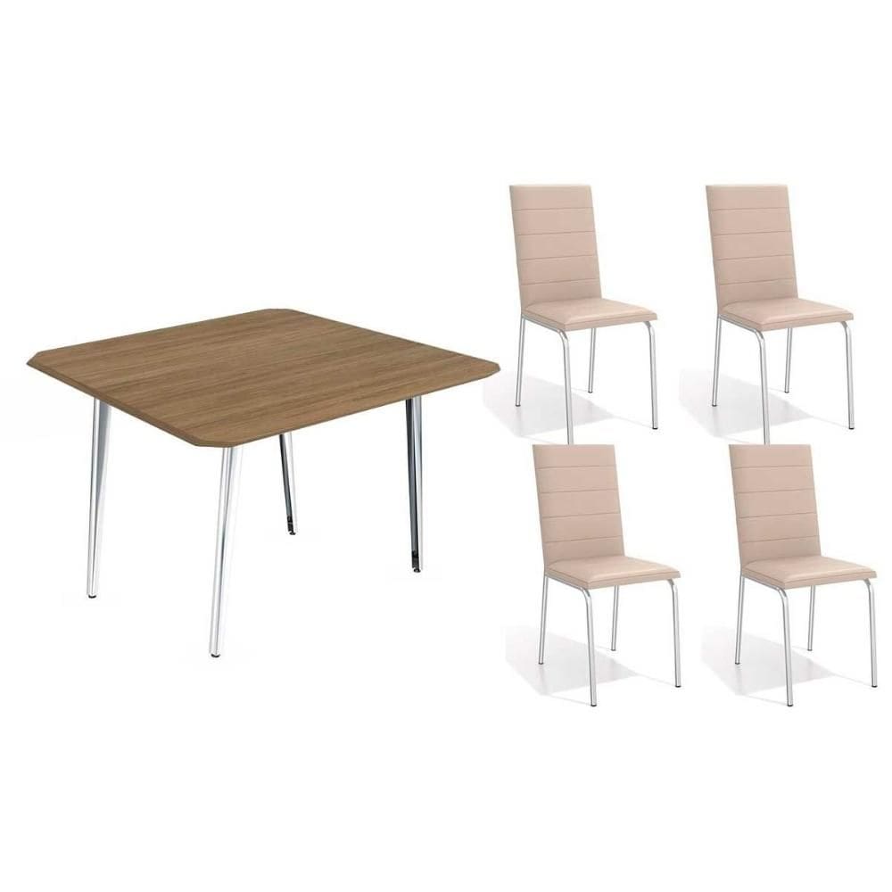 Sala de Jantar Completa Iguaçu c/ Tampo de Madeira 90cm + 4 Cadeiras Amsterdã Cromada/Nude 16 - Kappesberg
