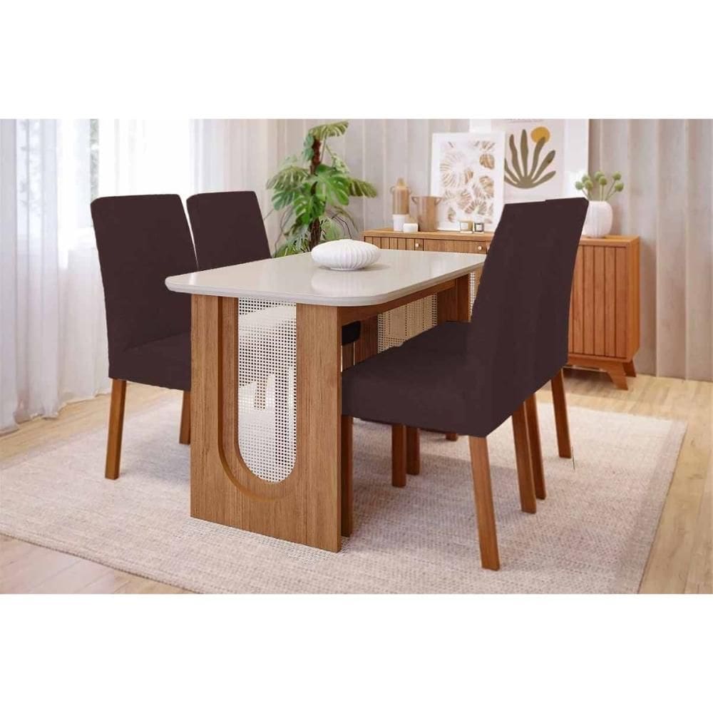 Sala de Jantar Completa Valentina Tampo Madeirado c/ Vidro 130x80cm e 4 Cadeiras Maia Cinamomo/Off White - Nature/Suede Mascavo Chocolate - Cimol
