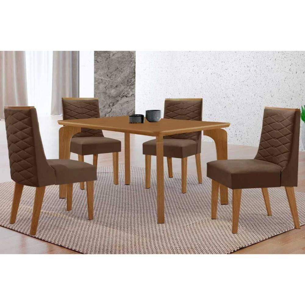 Sala de Jantar Completa Londrina c/ Tampo Madeirado Canto Curvo 120x80cm e 4 Cadeiras Dafne Naturale - Suede Marrom - Rufato