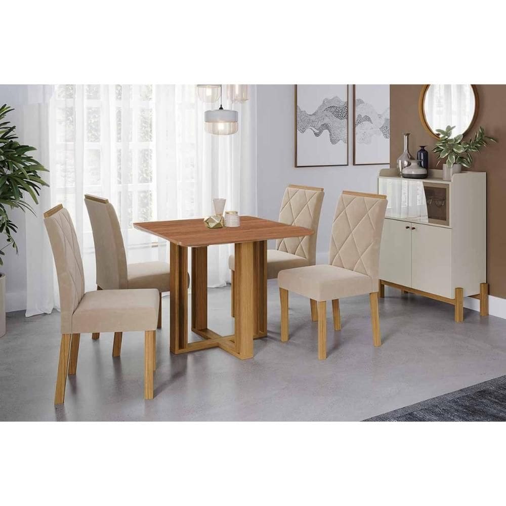 Sala de Jantar Completa Flora Tampo Madeirado 95x95cm e 4 Cadeiras Fernanda Cinamomo - Carvalho/Suede Nude Bege - Cimol