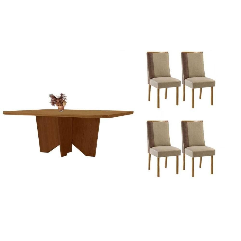 Sala de Jantar Completa Nevada c/ Tampo Madeirado Canto Curvo 120x80cm e 4 Cadeiras Tilia Naturale - Suede Creme - Rufato