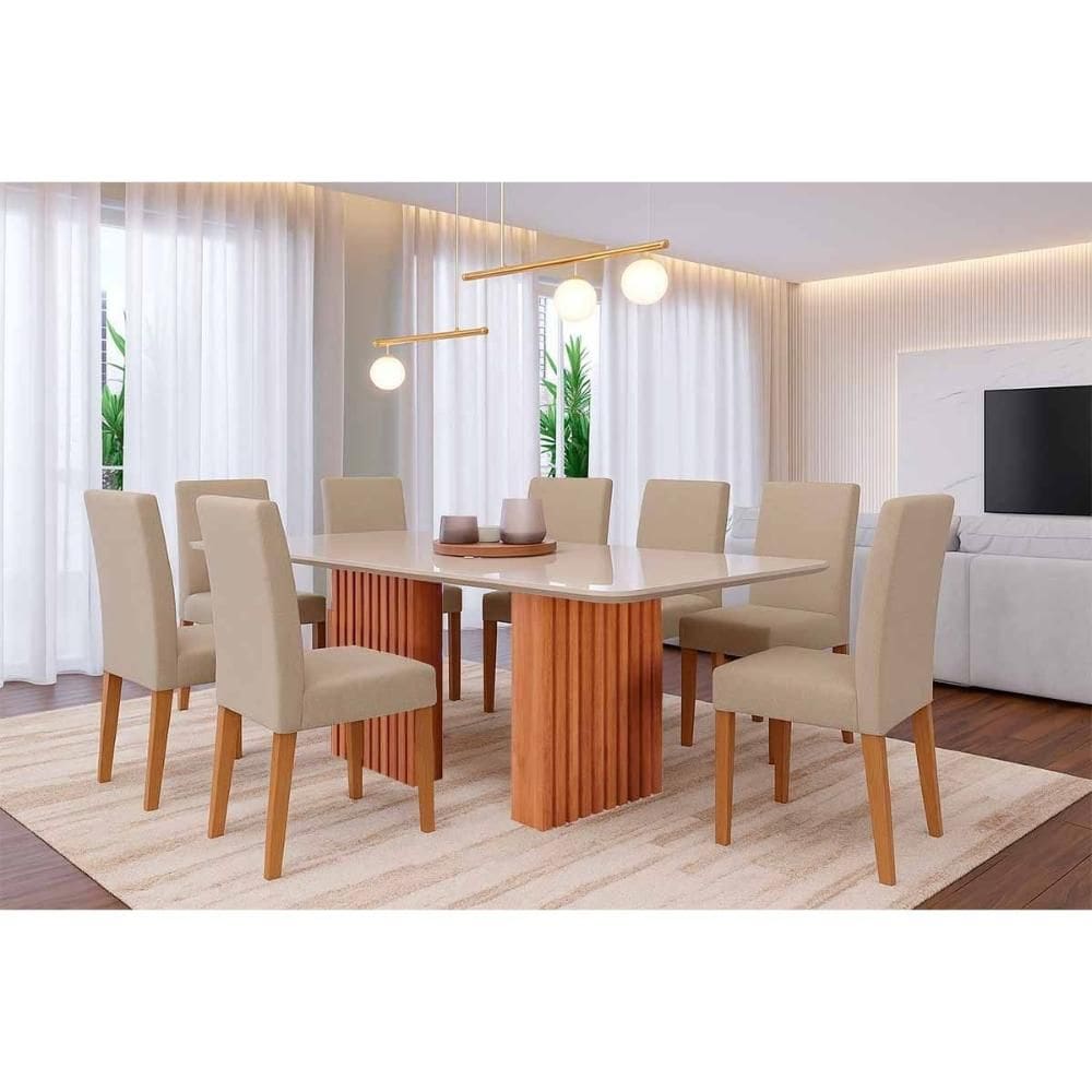 Sala de Jantar Completa Ester Tampo Madeirado c/ Vidro 210x100cm e 8 Cadeiras Maia Cinamomo/Off White - Nature/Suede Gengibre Bege - Cimol