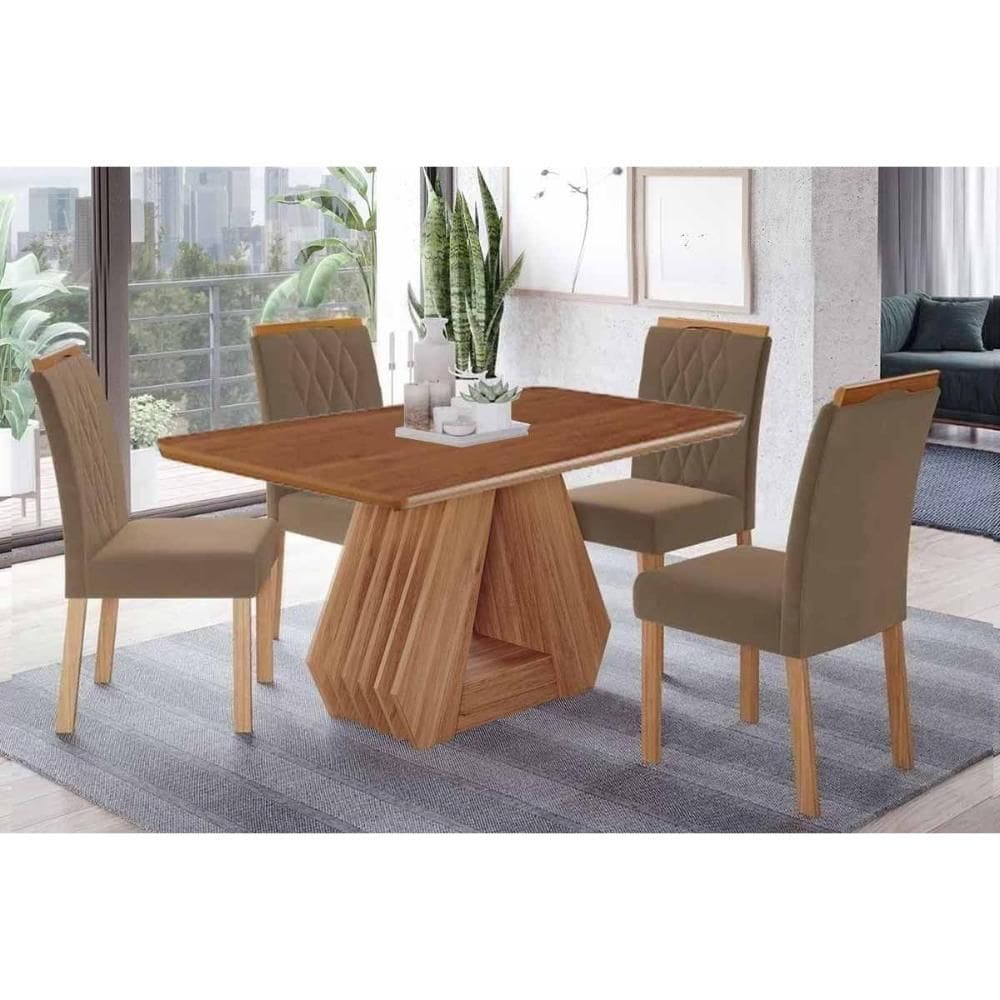 Sala de Jantar Completa Ágata Tampo Madeirado 130x80cm e 4 Cadeiras Juliana Cinamomo - Carvalho/Suede Joli Capuccino - Cimol