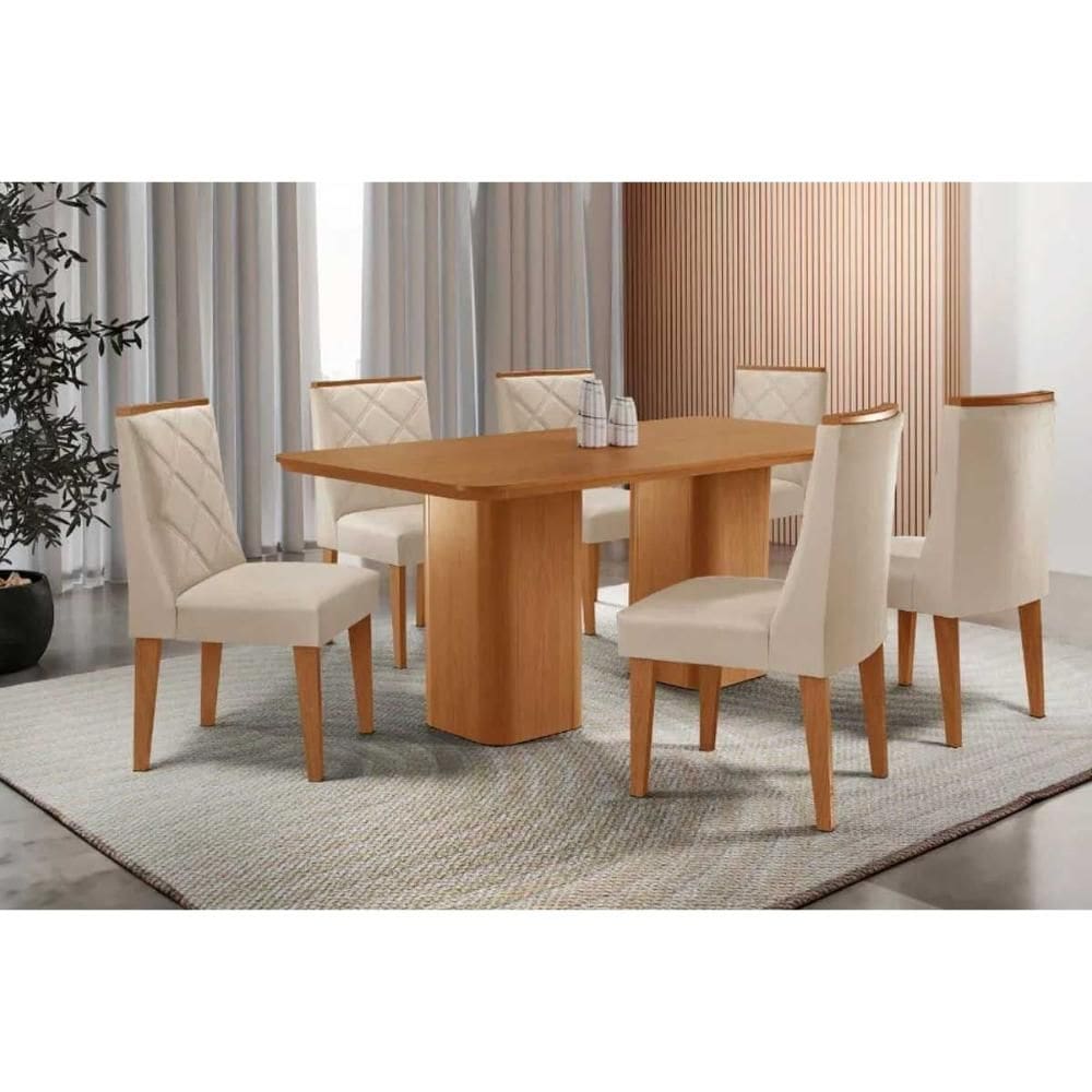 Sala de Jantar Completa Maldivas c/ Tampo Madeirado Canto Curvo 180x90cm e 6 Cadeiras Pietá Naturale - Suede Creme - Rufato