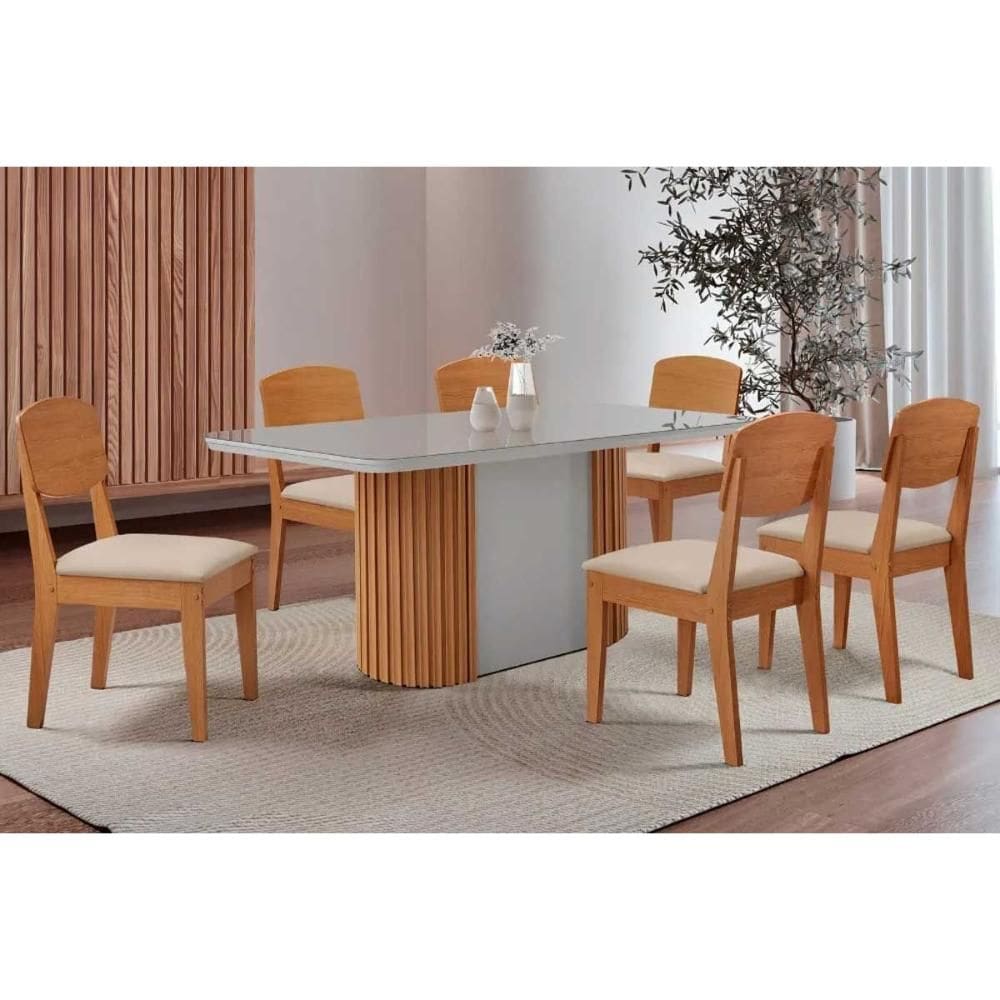 Sala de Jantar Completa Pilar c/ Tampo Madeirado c/ Vidro Canto Curvo 180x90cm e 6 Cadeiras Havana Naturale/Off White - Suede Creme - Rufato