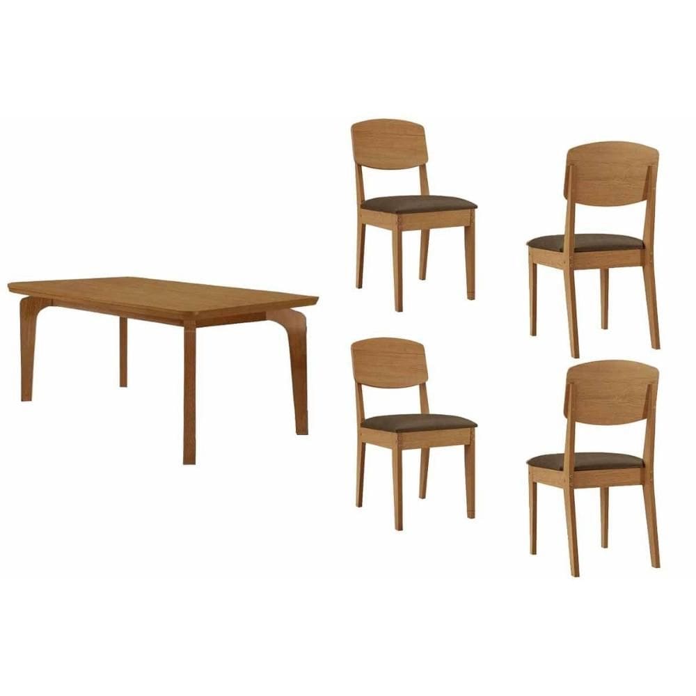 Sala de Jantar Completa Londrina c/ Tampo Madeirado Canto Curvo 120x80cm e 4 Cadeiras Havana Naturale - Suede Marrom - Rufato