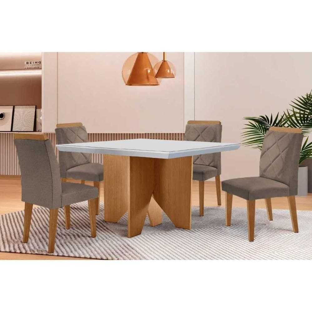 Sala de Jantar Completa Nevada c/ Tampo Madeirado c/ Vidro Canto Curvo 90x90cm e 4 Cadeiras Pietá Naturale/Off White - Corano Capuccino - Rufato