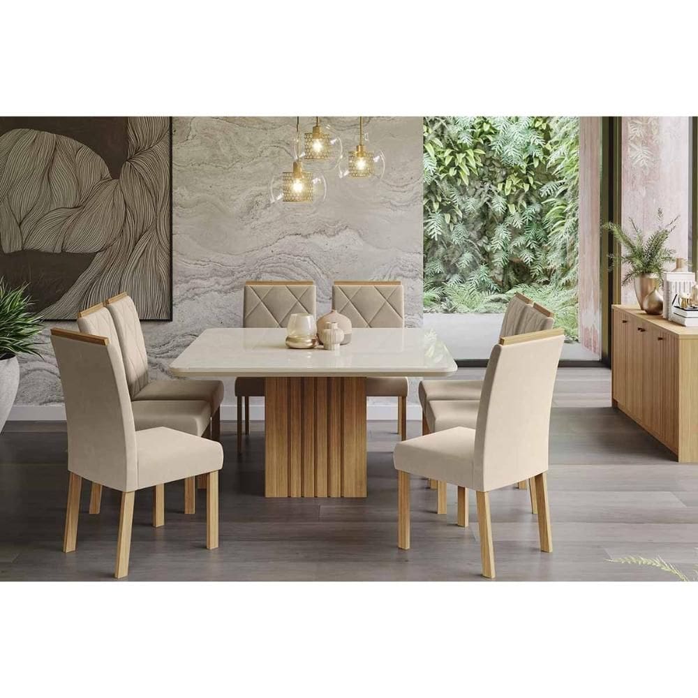 Sala de Jantar Completa Ana Tampo Madeirado c/ Vidro 130x130cm e 8 Cadeiras Fernanda Cinamomo/Off White - Carvalho/Linho Bege - Cimol