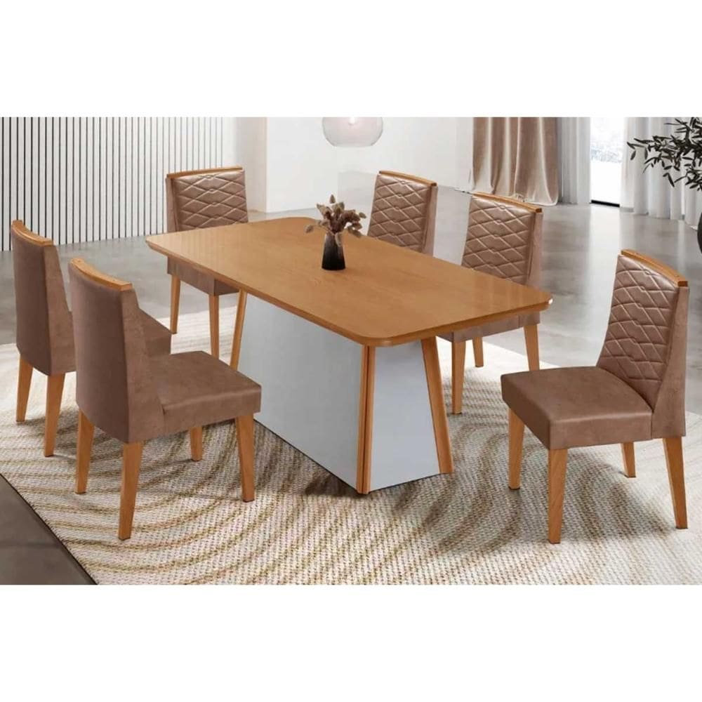 Sala de Jantar Completa Tilia c/ Tampo Madeirado Canto Curvo 180x90cm e 6 Cadeiras Maldivas Naturale/Off White - Corano Capuccino - Rufato