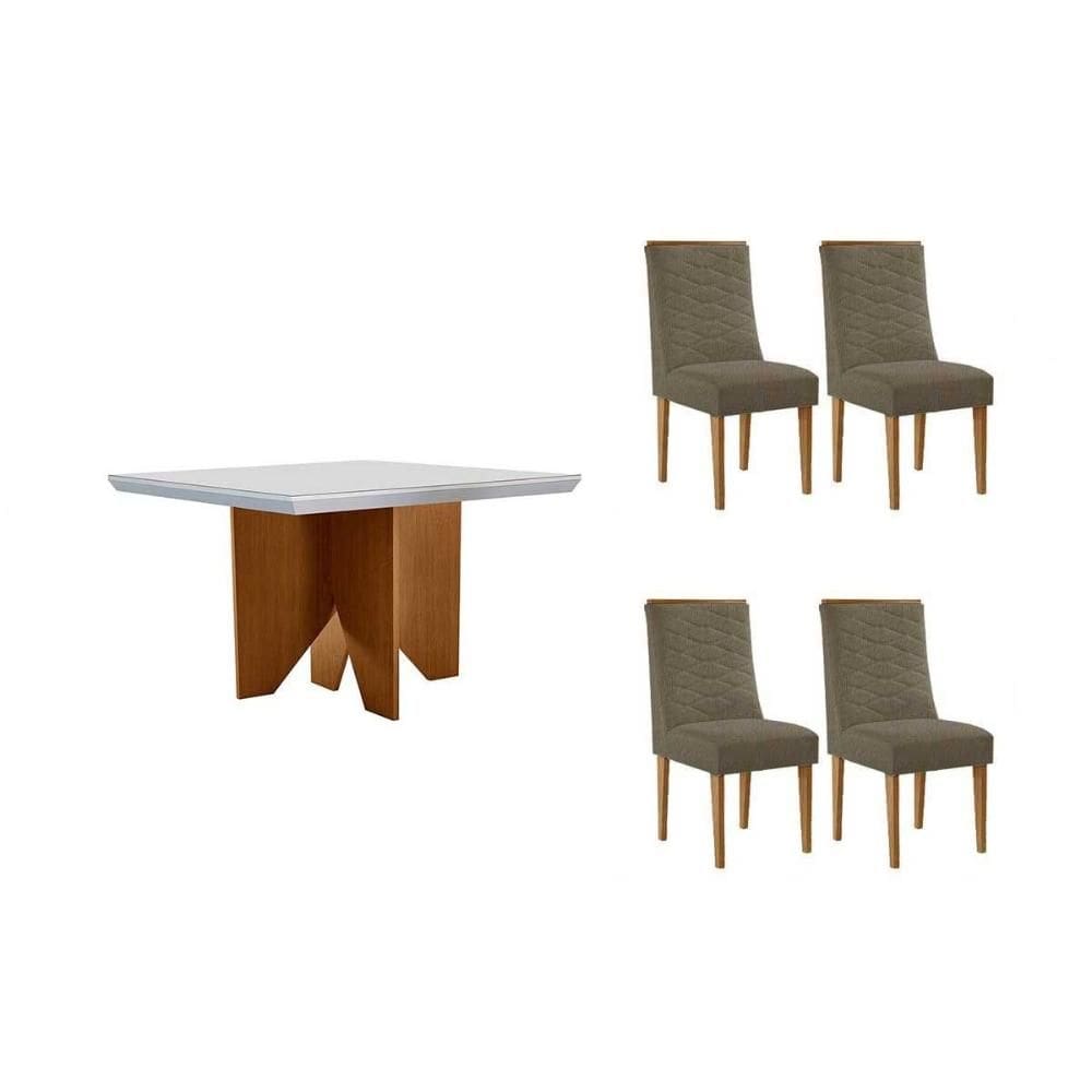 Sala de Jantar Completa Nevada c/ Tampo Madeirado c/ Vidro Canto Curvo 90x90cm e 4 Cadeiras Maldivas Naturale/Off White - Suede Capuccino - Rufato