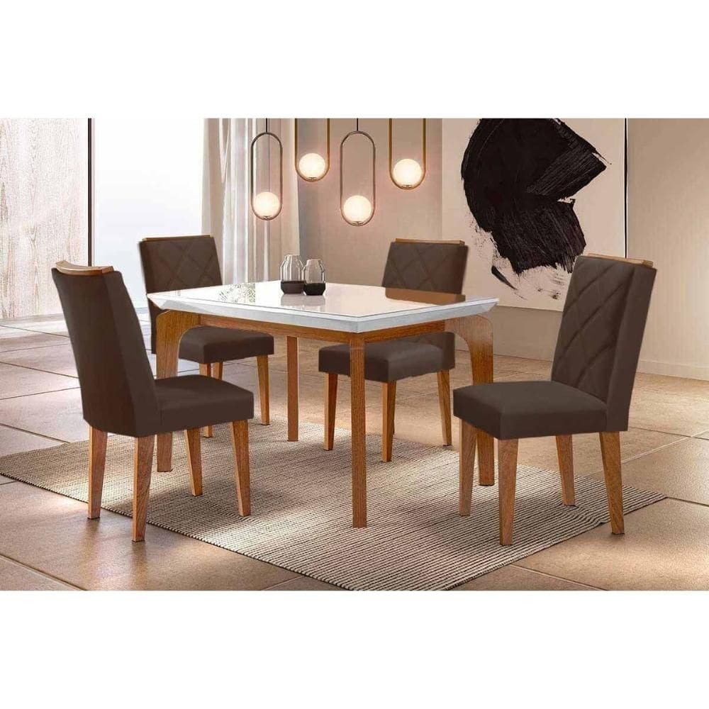 Sala de Jantar Completa Londrina c/ Tampo Madeirado c/ Vidro Canto Curvo 120x80cm 4 Cadeiras Pietá Naturale/Off White - Suede Capuccino - Rufato