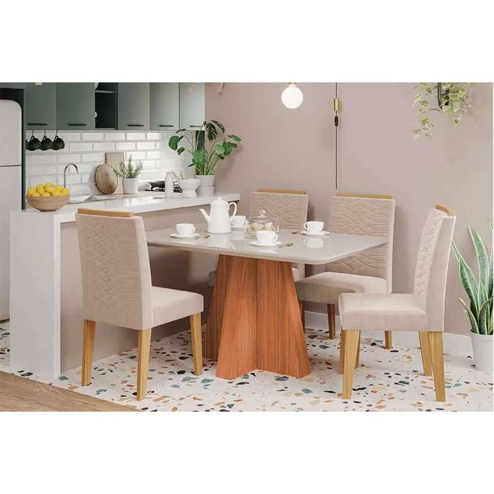 Sala de Jantar Completa Maitê Tampo Madeirado c/ Vidro 130x80cm e 4 Cadeiras Clarice Cinamomo/Off White - Carvalho/Suede Nude Bege - Cimol