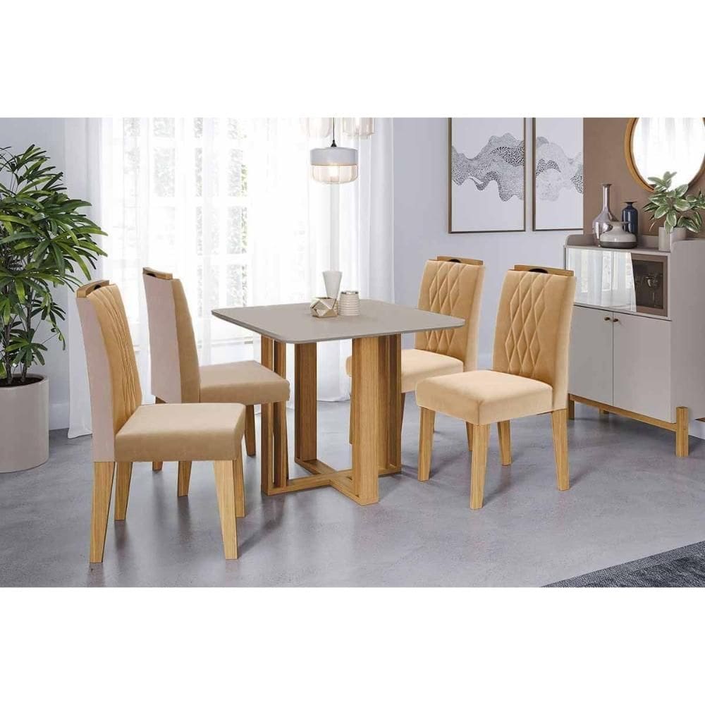 Sala de Jantar Completa Flora Tampo Madeirado c/ Vidro 95x95cm e 4 Cadeiras Juliana Cinamomo/Off White - Carvalho/Linho Bege - Cimol