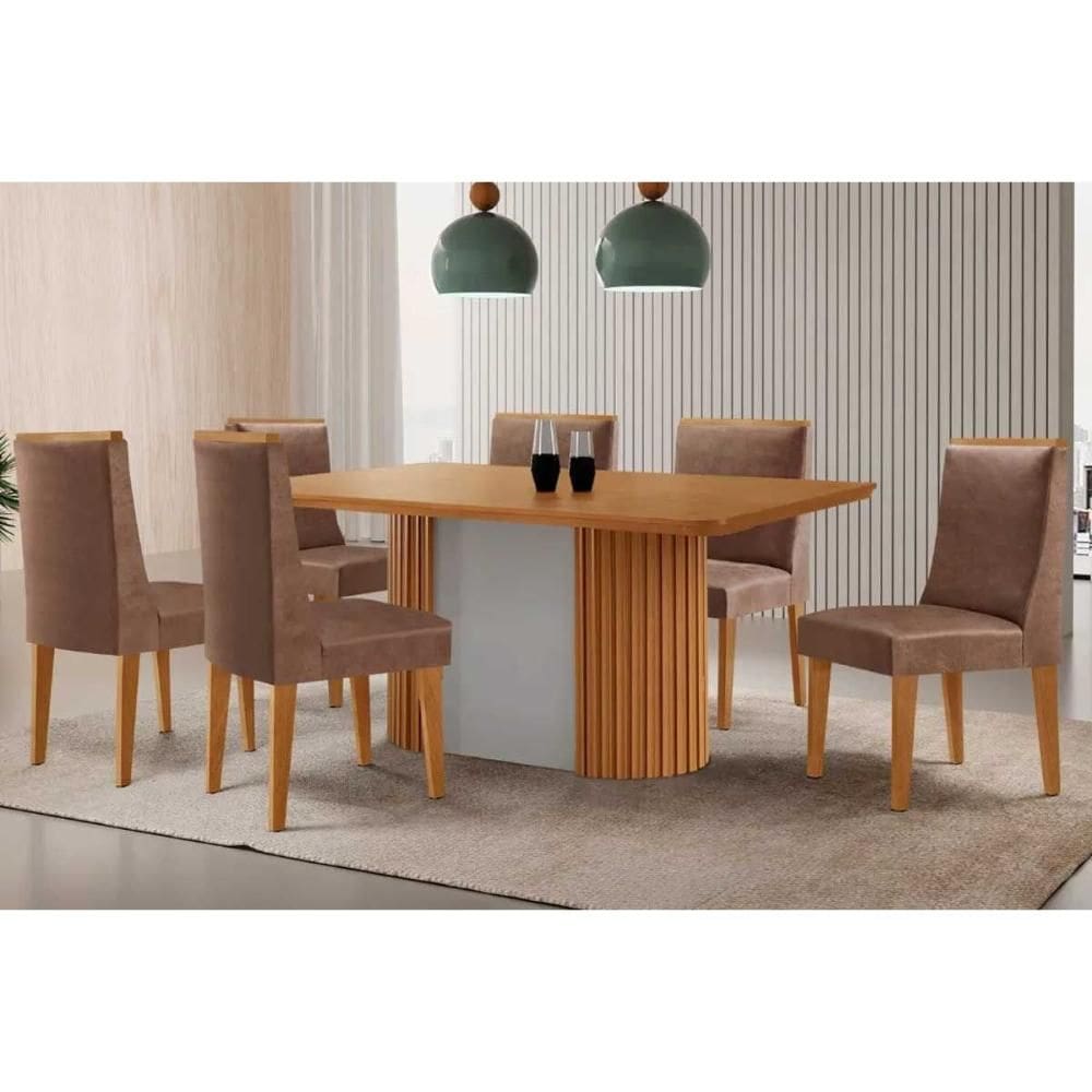 Sala de Jantar Completa Pilar c/ Tampo Madeirado Canto Curvo 180x90cm e 6 Cadeiras Dakota Naturale/Off White - Suede Capuccino - Rufato