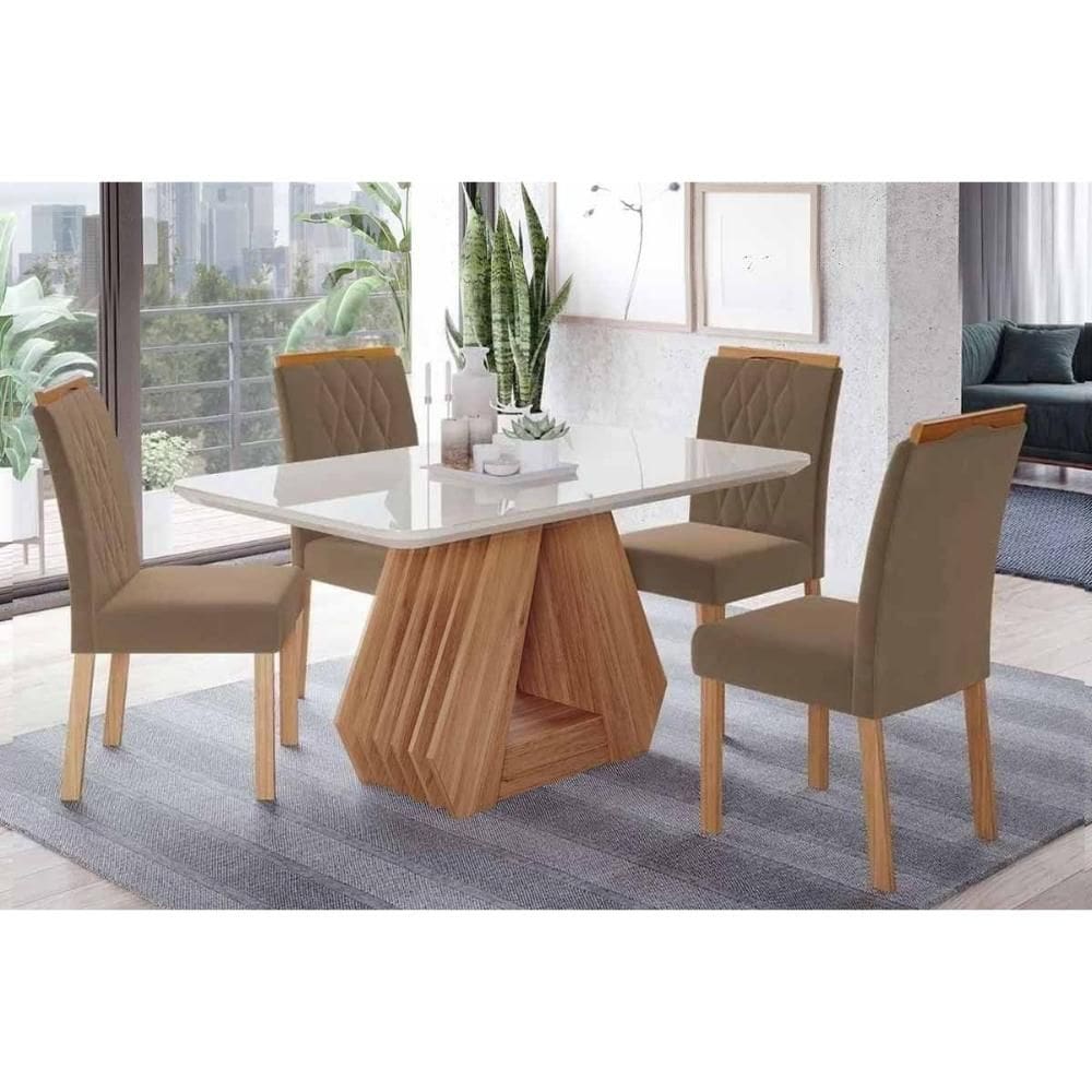 Sala de Jantar Completa Ágata Tampo Madeirado c/ Vidro 130x80cm e 4 Cadeiras Juliana Cinamomo/Off White - Carvalho/Suede Joli Capuccino - Cimol