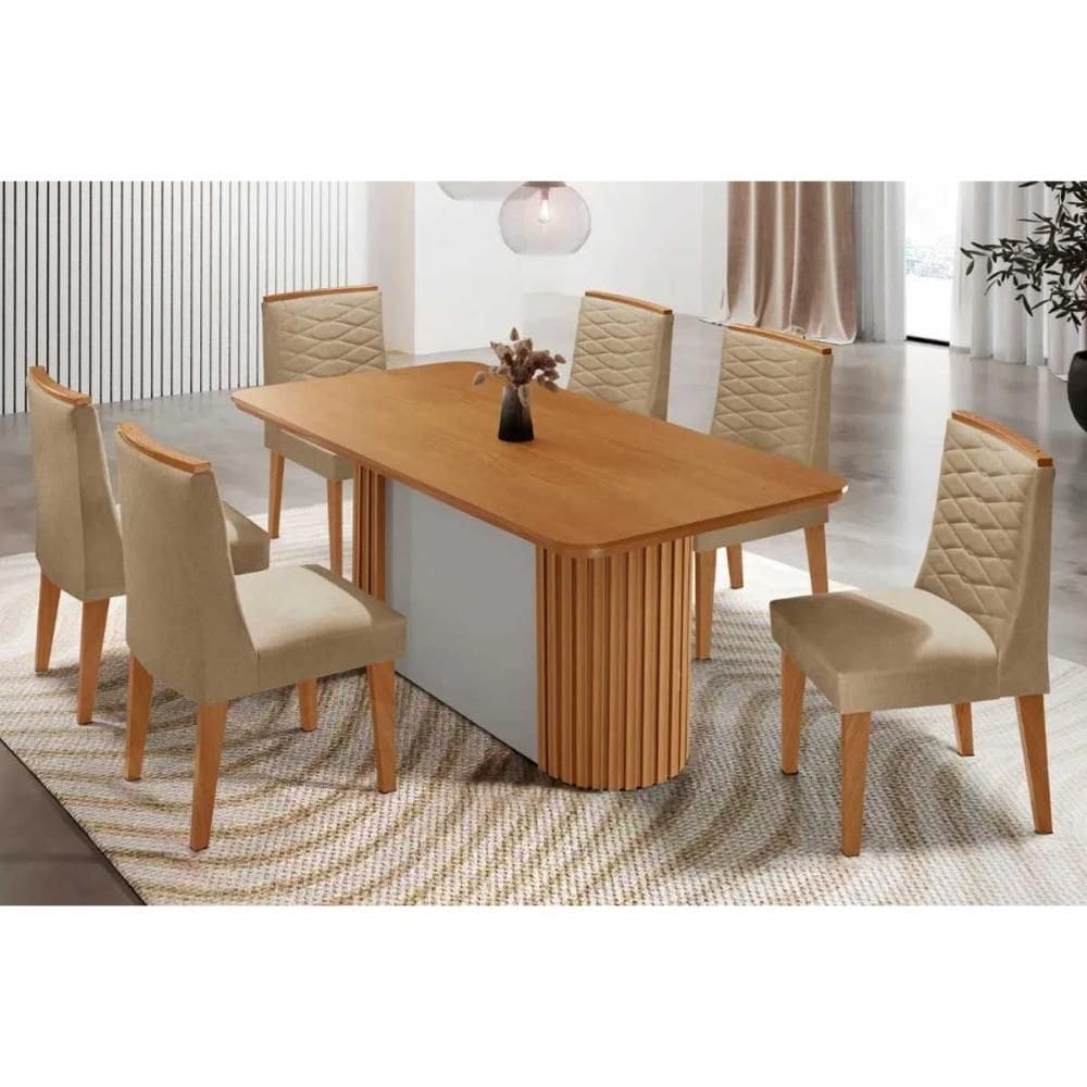 Sala de Jantar Completa Pilar c/ Tampo Madeirado Canto Curvo 180x90cm e 6 Cadeiras Maldivas Naturale/Off White - Linho Bege - Rufato