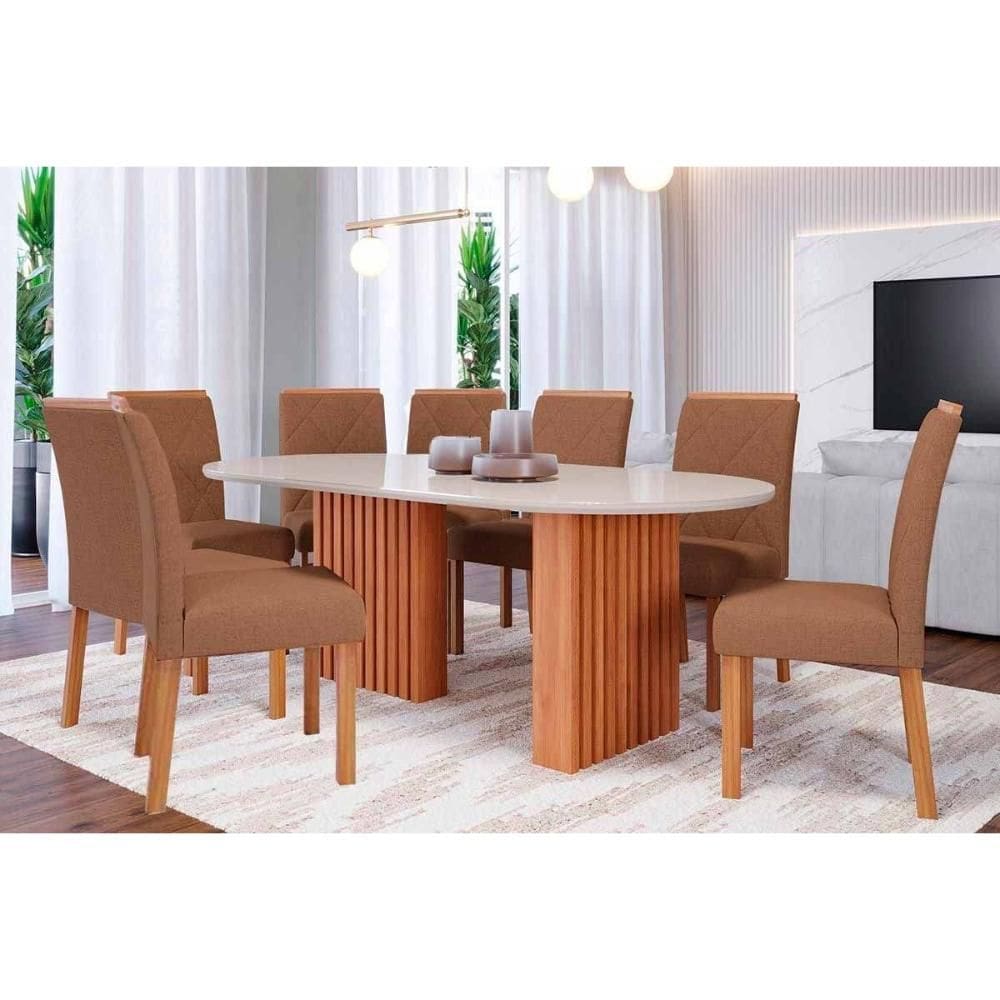 Sala de Jantar Completa Ester Tampo Madeirado c/ Vidro 210x100cm e 8 Cadeiras Fernanda Cinamomo/Off White - Carvalho/Suede Joli Capuccino - Cimol