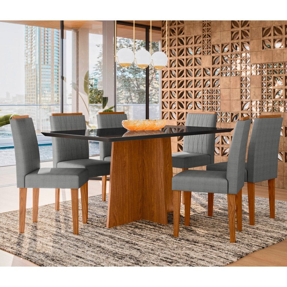 Conjunto Mesa de Jantar 1,60m Anitta Tampo em Mdf com Vidro e 6 cadeiras Ana Ypê/Preto/Ln02 - New Ceval