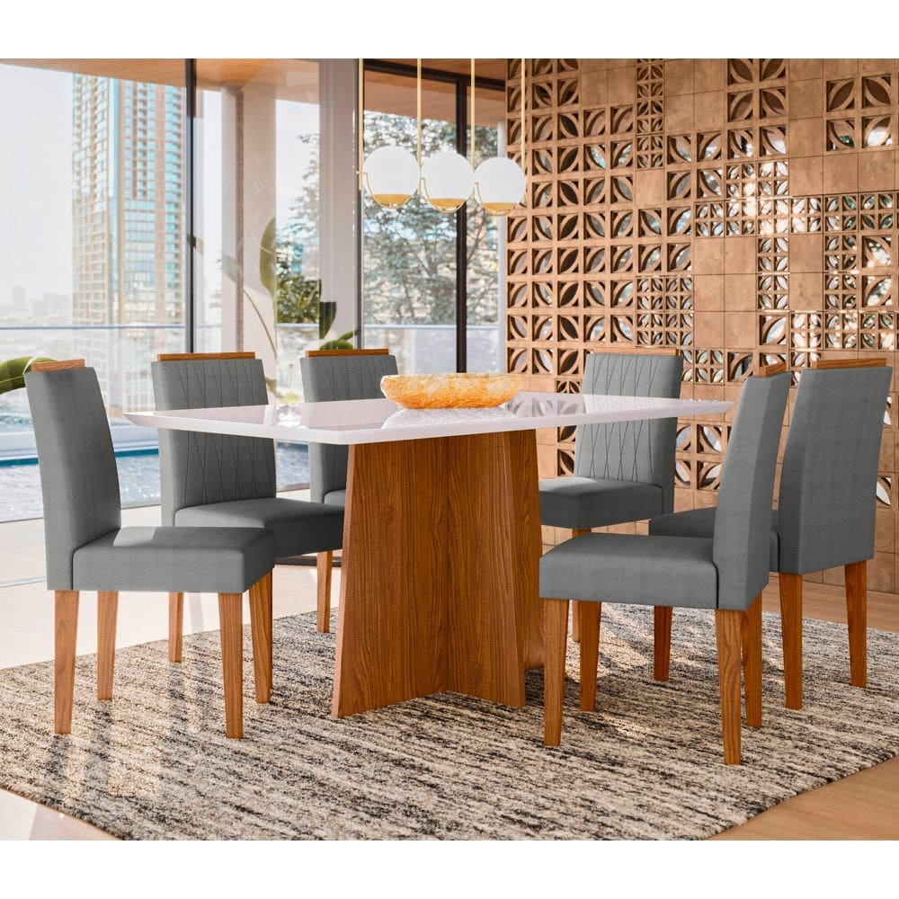 Conjunto Mesa de Jantar 1,60m Anitta Tampo em Mdf com Vidro e 6 cadeiras Ana Ypê/Off White/Ln02 - New Ceval