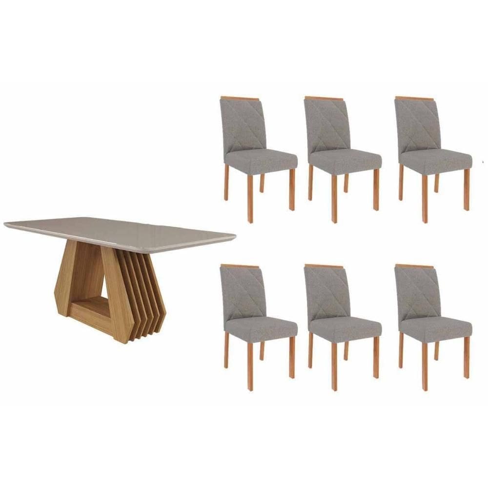 Sala de Jantar Completa Ágata Tampo Madeirado c/ Vidro 180x90cm e 6 Cadeiras Fernanda Nature/Off White - Carvalho/Linho Grafite - Cimol