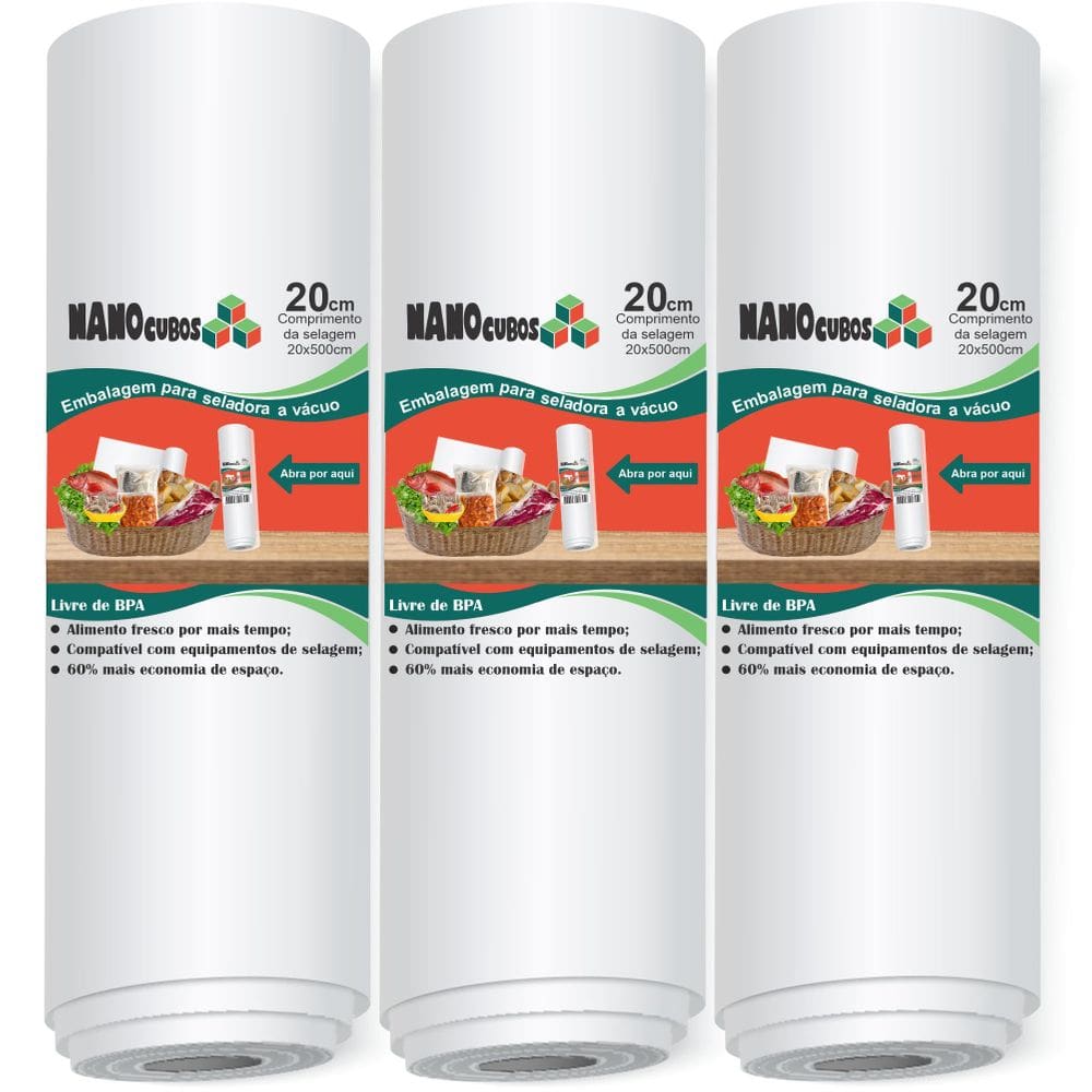 3 Rolos Nanocubos 20X500Cm Sacos Ranhura Seladora A Vácuo