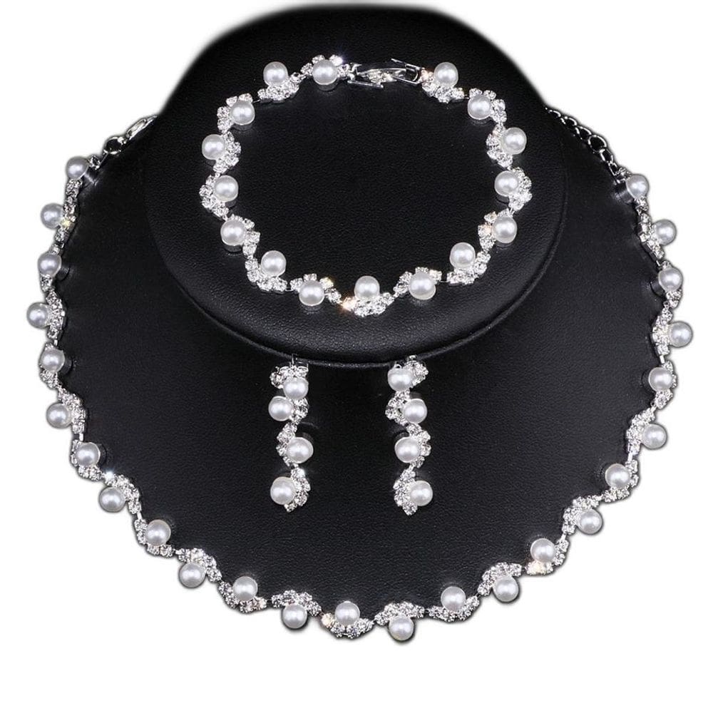 Conjunto Colar Brinco Pulseira Strass Pérola Noiva Festa