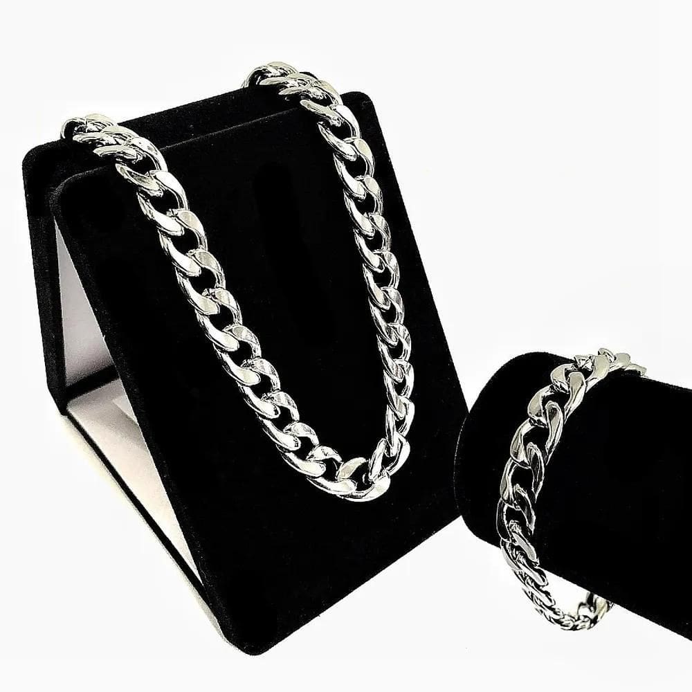 Cordão Masculina Grossa Conjunto + Pulseira Prata Aço Inox