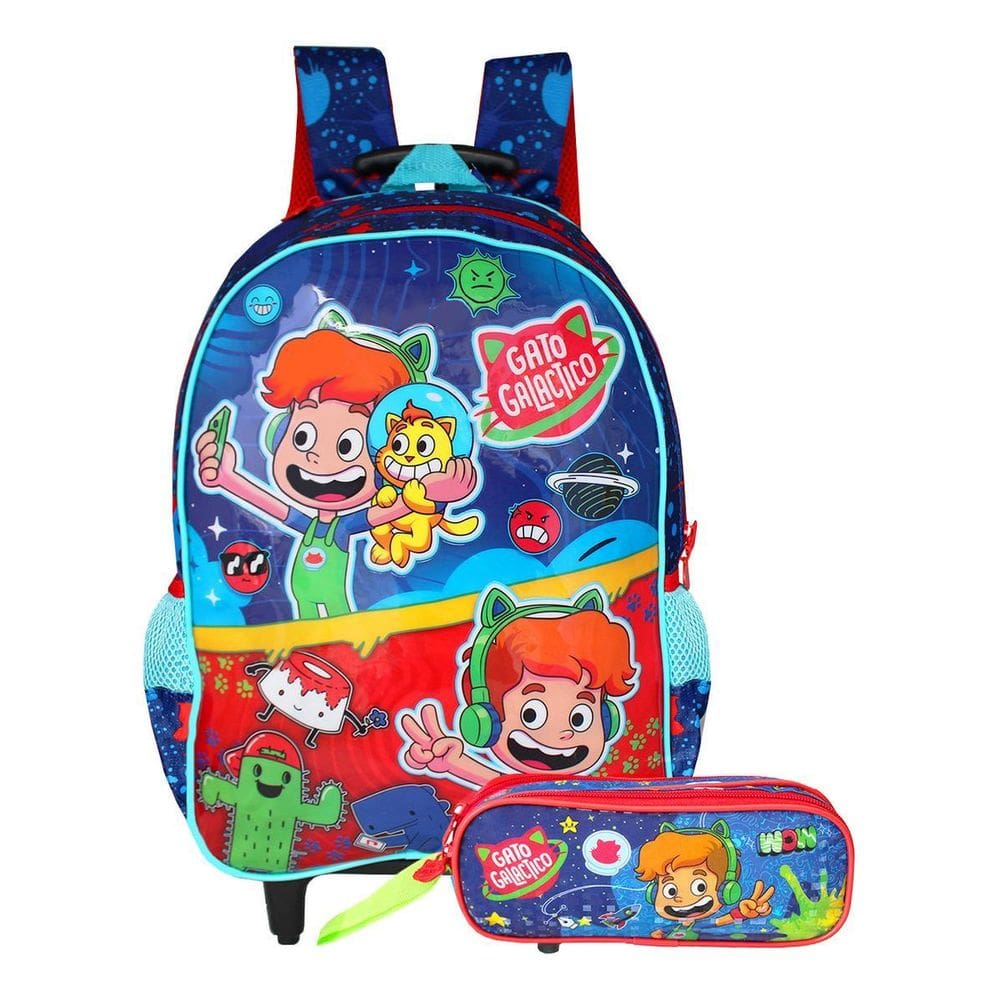 Mochila De Rodinhas Gato Galáctico Com Estojo Infantil Duplo