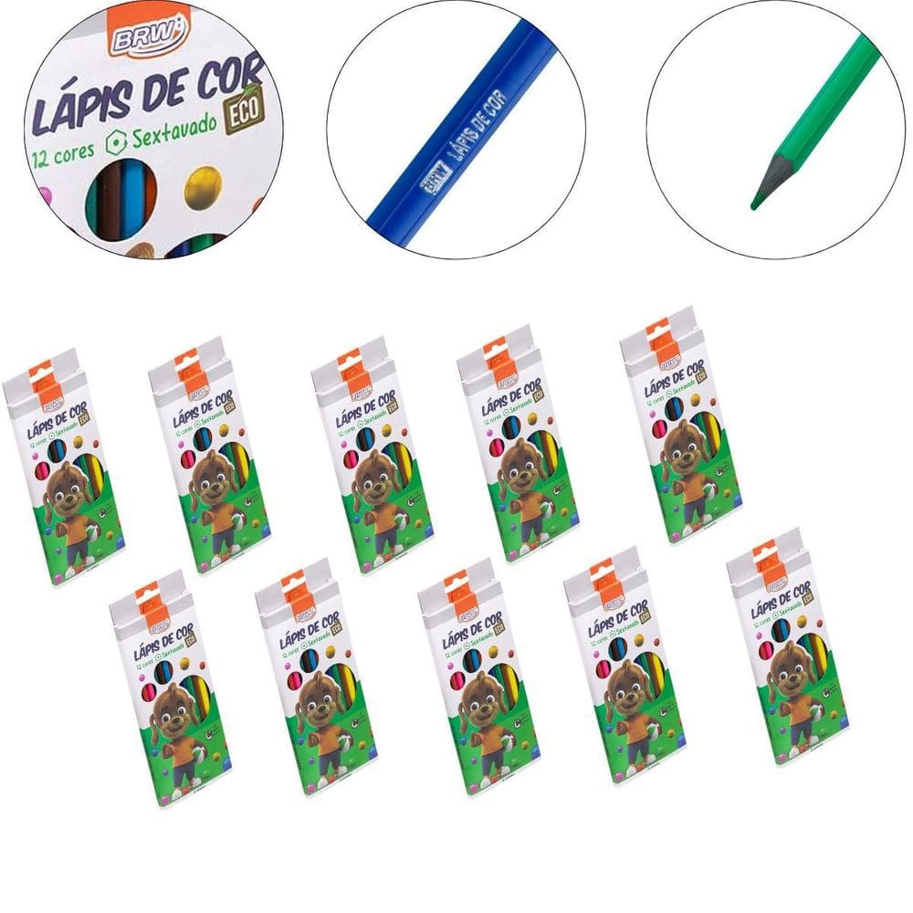 Kit 10 Caixa Lápis Cor 12 Cores Resina Reciclada Sextavado