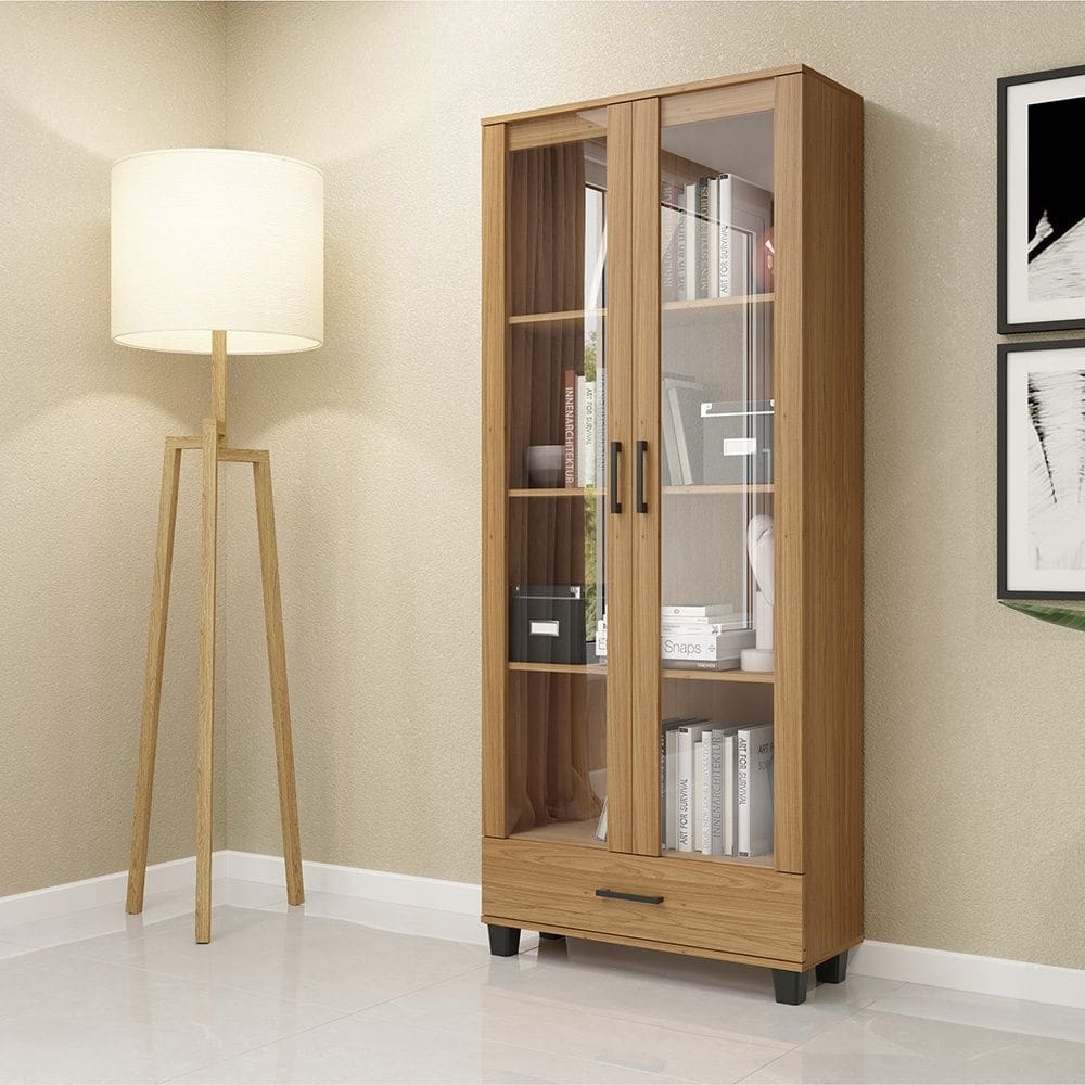Estante em MDF para Livros C58 1 Gaveta 2 Portas Vidro Estilo Industrial Freijó Dalla Costa