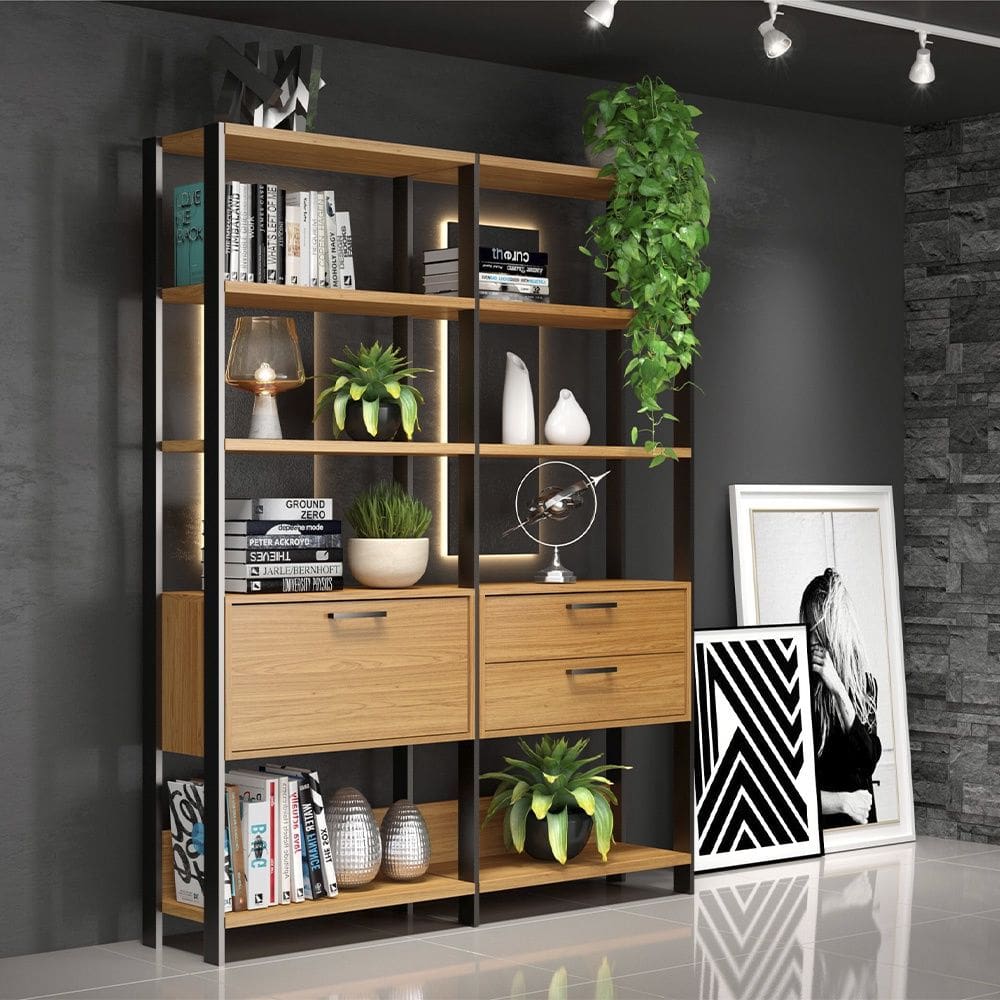 Estante para Livros 2 Gavetas 1 Porta Estilo Industrial E92 Freijó Preto Fosco Dalla Costa
