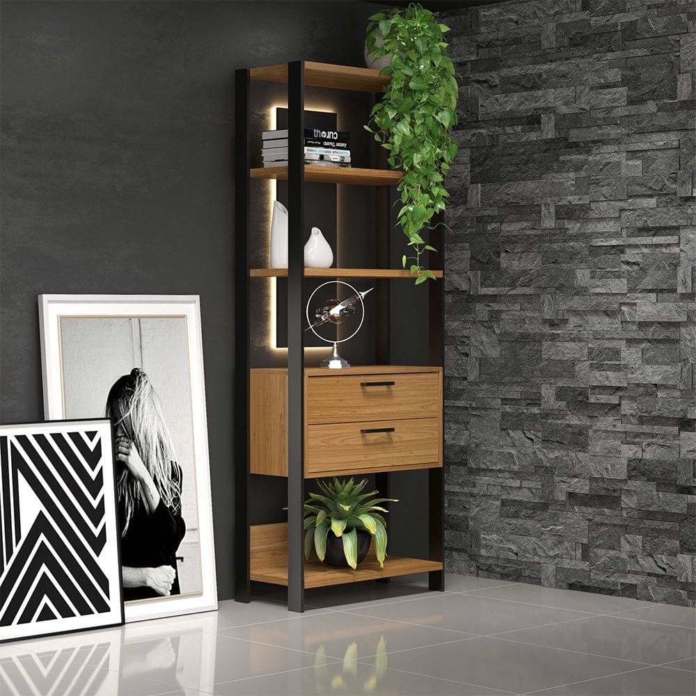 Estante para Livros 2 Gavetas Estilo Industrial E91 em MDF Freijó Preto Fosco Dalla Costa