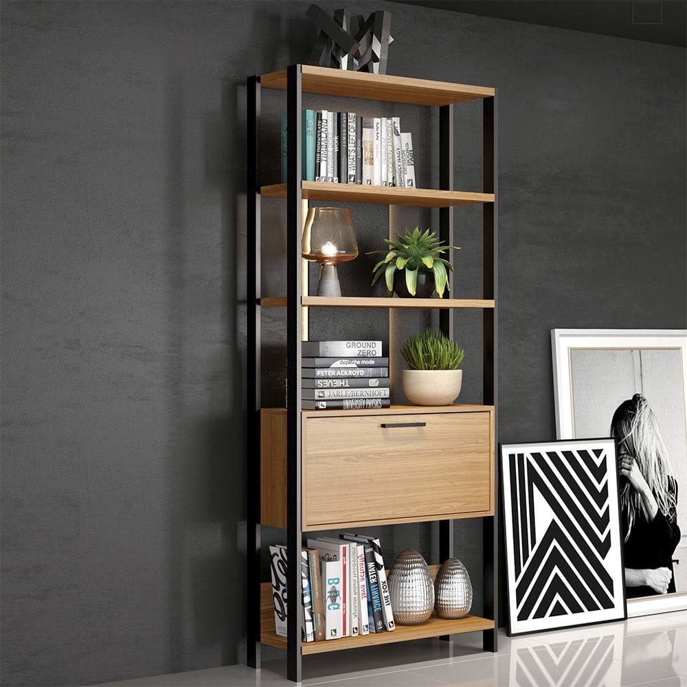 Estante E95 em MDF para Livros 1 Porta Estilo Industrial Freijó Preto Fosco Dalla Costa