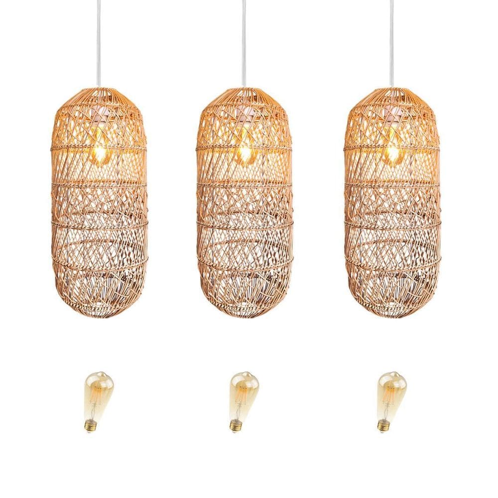 Kit 3 Pendente Rattan Em Fibra Natural Sala Vime Nat74 + Led
