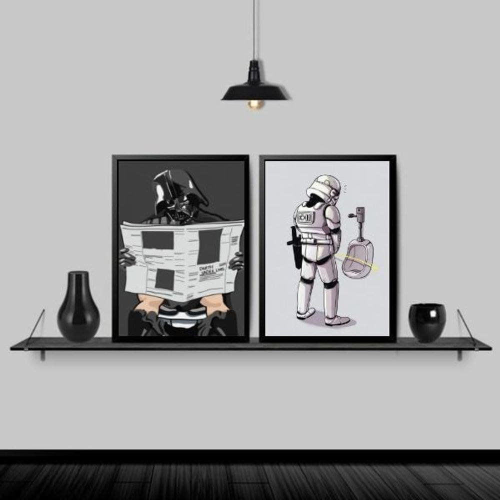 Kit 2 Quadros Divertidos Banheiro Masculino 45X34Cm Preta