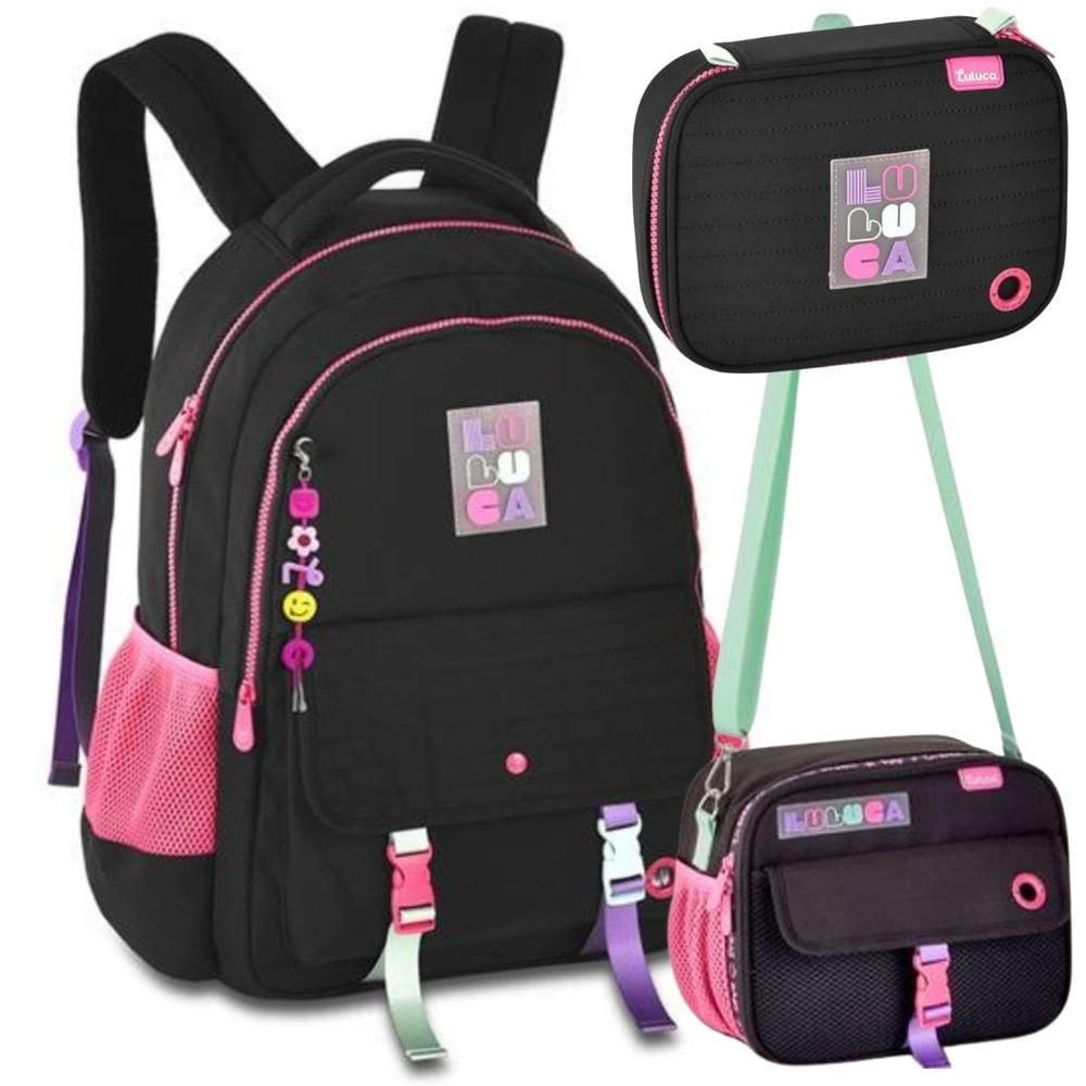 Kit Mochila De Costas Em Nylon Oficial Luluca Lu24601 Preto