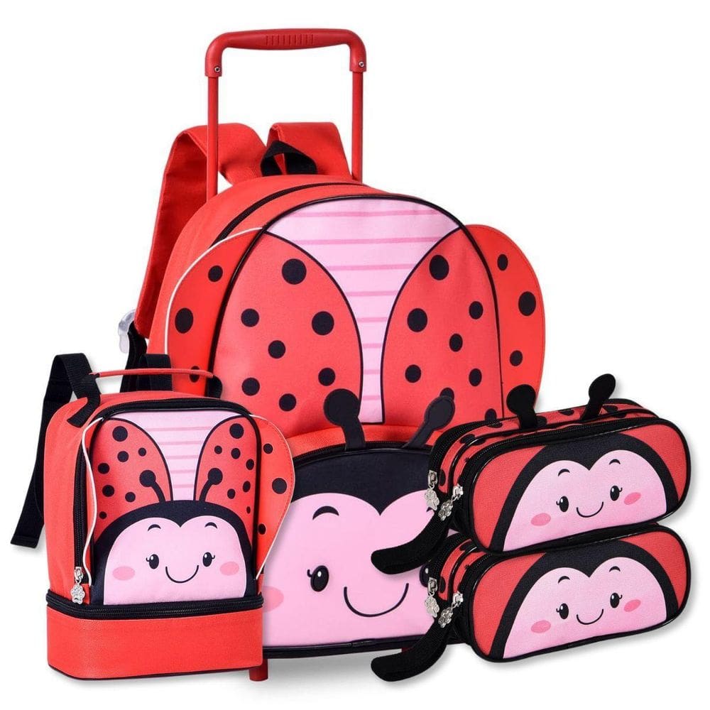 Mochila Carrinho Com Lancheira E Dois Estojos Escolares Fem