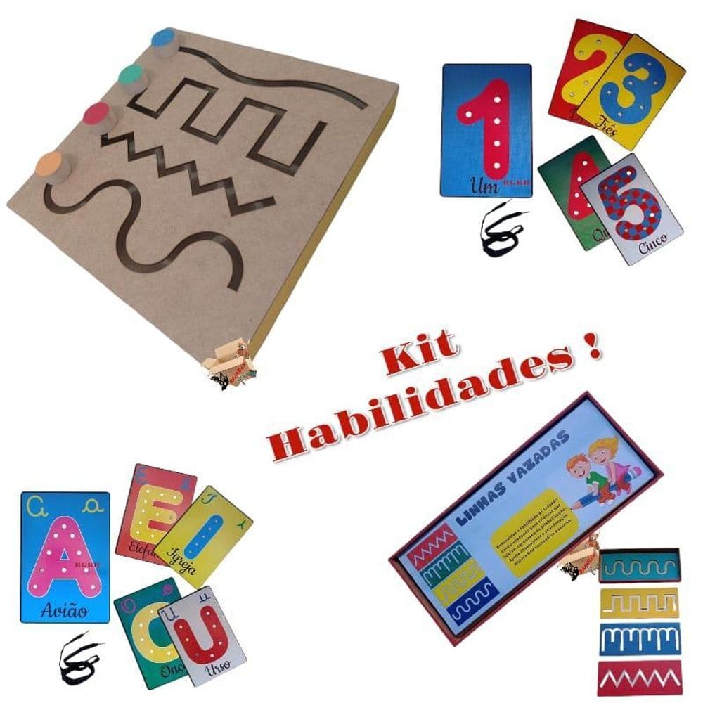 Kit Habilidades Pedagógico Madeira Linha Vazadas + Alinhavos
