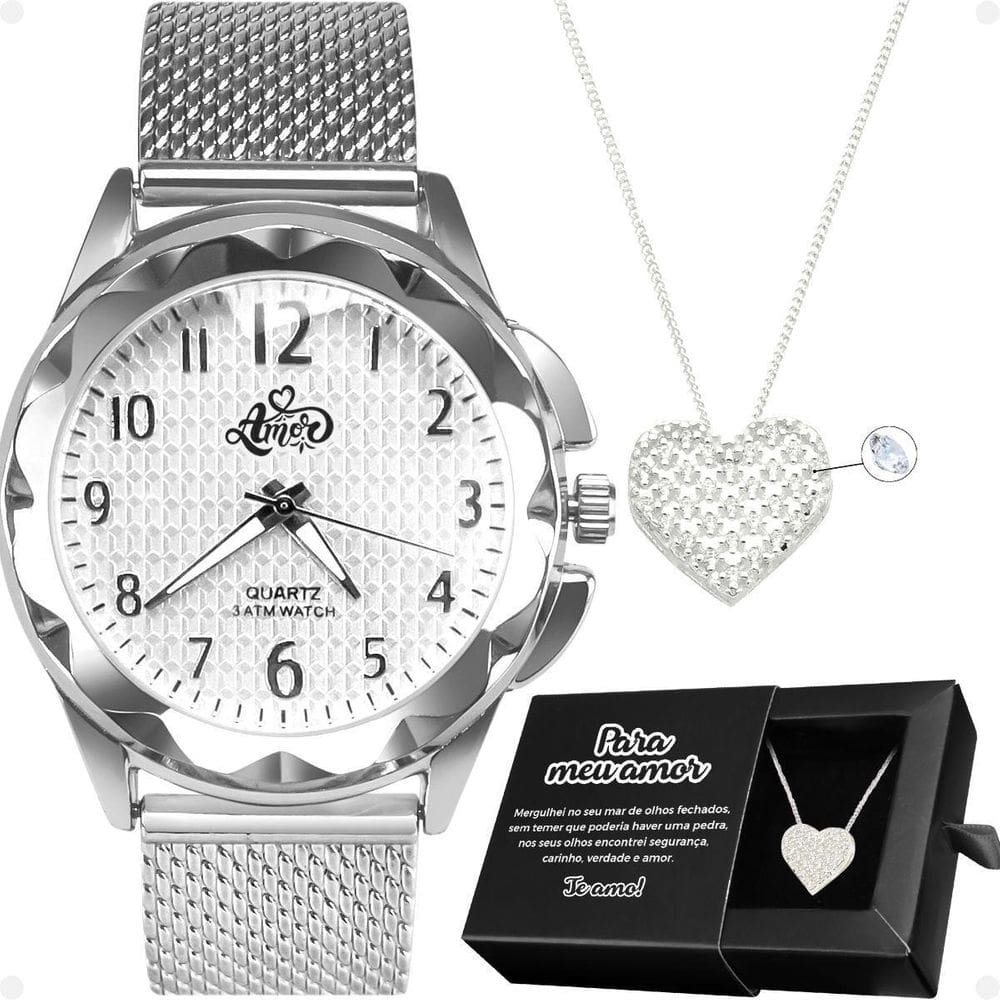 Relogio Feminino Aço Inox + Caixa + Colar Amor Coração
