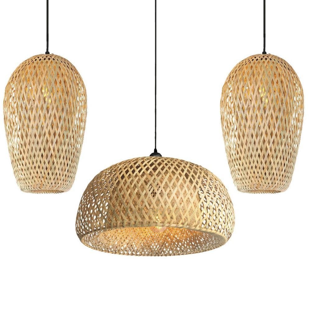 Kit 3 Pendente Bambu Fibra Natural Boho E27 Composição Com01
