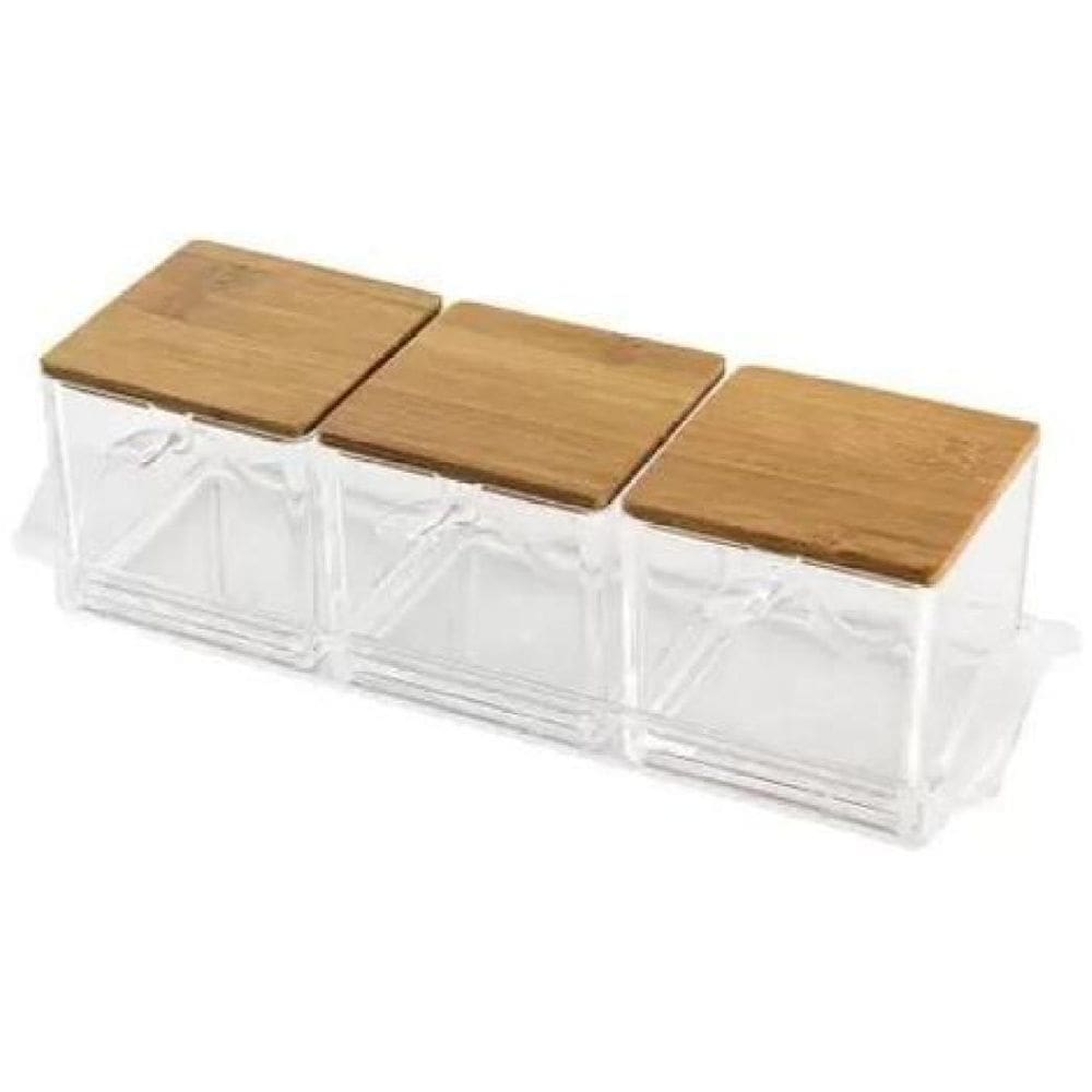Kit 3 Porta Mantimentos Com Tampa De Bambu Colheres E Base