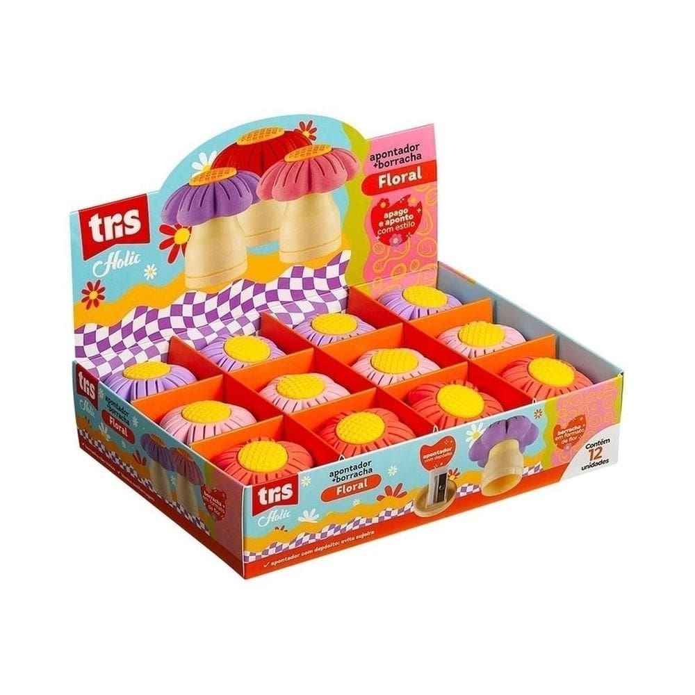 Borracha Decorada Tris Floral Com Apontador 3 Cores 12Un