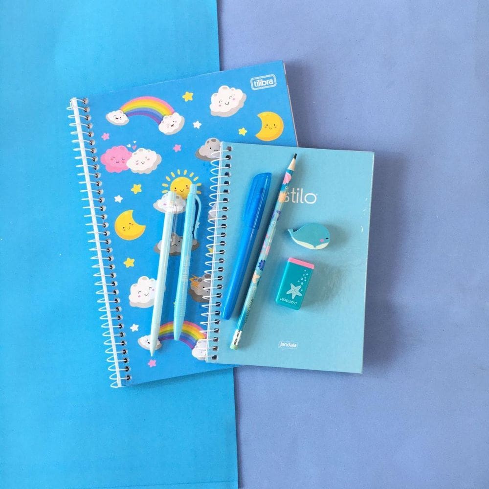 Kit Papelaria Universitario Tons De Azul Neon Pastel
