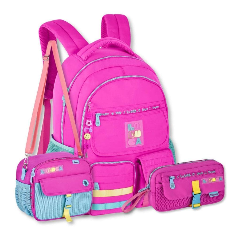 Kit Escolar Mochila C Lancheira E Estojo Luluca Rosa Moderno