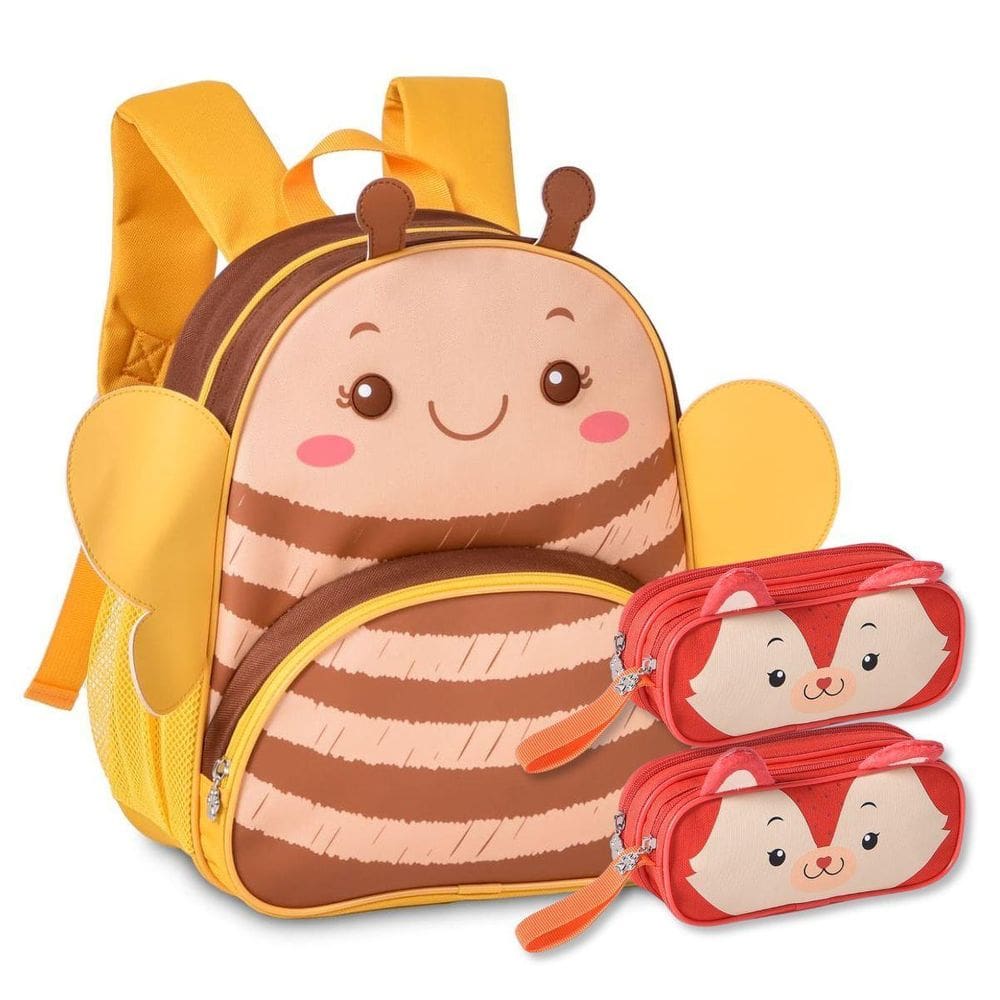 Mochila Infantil Meninas Com Dois Estojos Escolares Bichinho