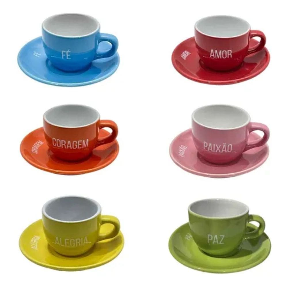 Conjunto 6 Xícaras com Pires Momentos Cerâmica para Chá Café Expresso Cappuccino 90ml Colorida Nadir