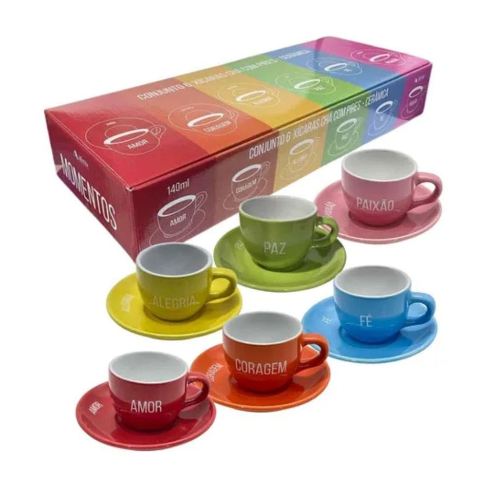 Jogo de Xícaras com Pires Momentos 6 Unidades 90ml Café Chá Estampa Personalizada Coloridas Nadir