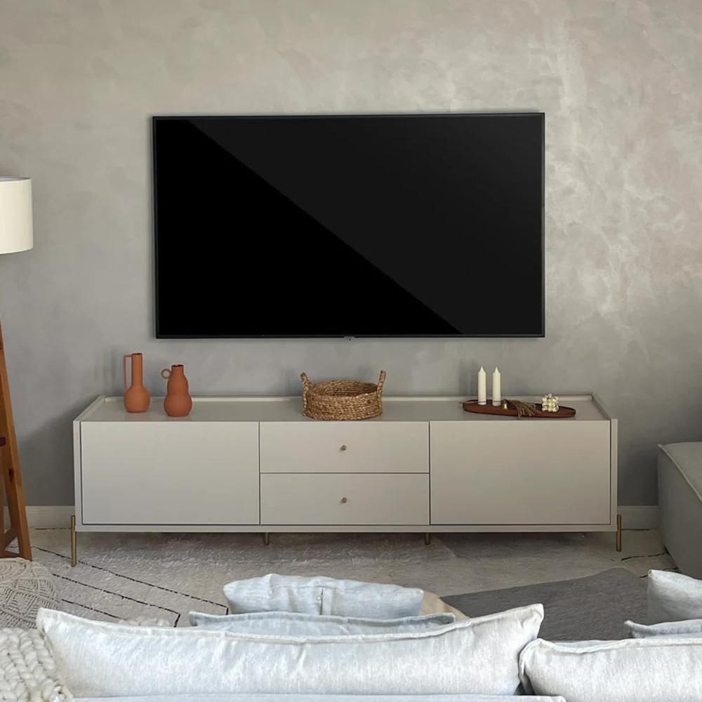 Rack para TV Até 75” 2 Gavetas 2 Portas Jasper 185 cm - Off White Fosco c/ Dourado