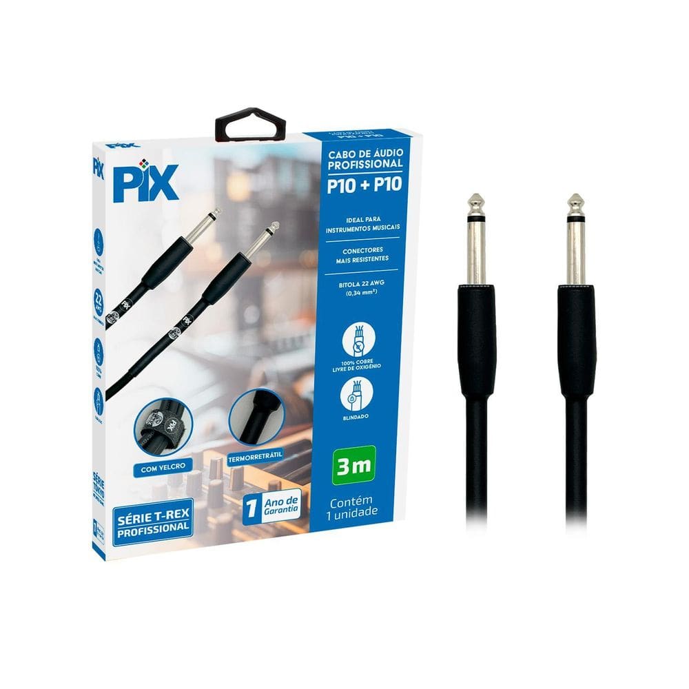 Cabo De Áudio P10 Para P10 Mono Para Guitarra 3 Metros